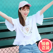 流星之恋2018夏季新款初中学生夏装上衣少女韩版休闲T恤女喇叭袖图片
