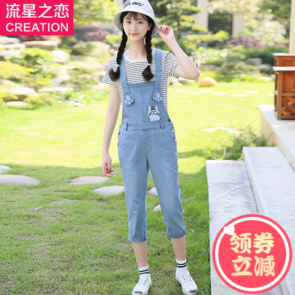 少女韩版修身牛仔背带裤女2018夏季新款初中生夏装中学生连体裤子商品大图