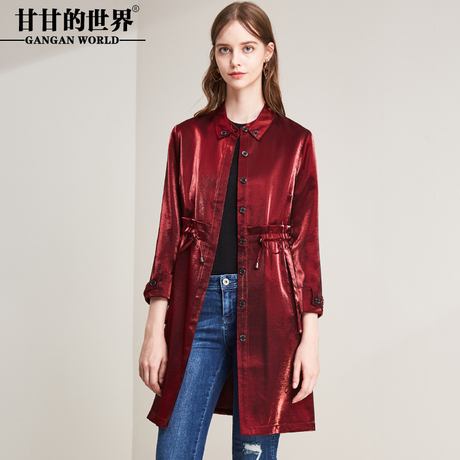 甘甘的世界2018秋季新款外套女松紧腰修身亮面风衣中长款女商品大图