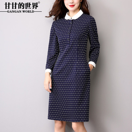 甘甘的世界春秋连衣裙长袖女新款2018大码弹力娃娃领藏蓝色铅笔裙商品大图
