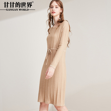中长款针织衫2018秋装新款甘甘的世界圆领镂空毛衣女系带连衣裙图片