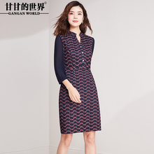 甘甘的世界2018秋装新品时尚印花修身连衣裙女收腰显瘦中年大码图片