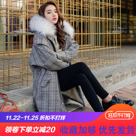 大毛领羊羔毛棉衣学生棉袄中长款女2018冬装新款格子棉服外套女装商品大图