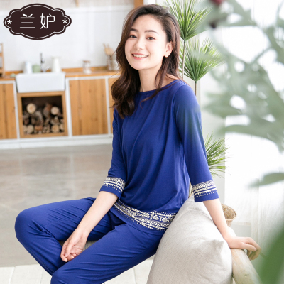 兰妒莫代尔棉薄款春夏中袖长裤春秋睡衣大码中年妈妈女家居服套装