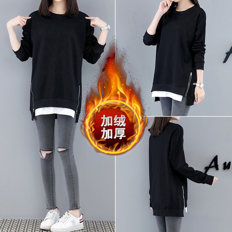 大码女装2018新款冬装胖妹妹加绒卫衣长袖显瘦胖mm拼接打底衫上衣商品大图