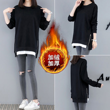 大码女装2018新款冬装胖妹妹加绒卫衣长袖显瘦胖mm拼接打底衫上衣图片