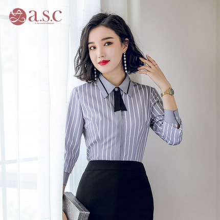 艾尚臣职业装女2018新款时尚长袖条纹衬衫商务面试正装工作服衬衣商品大图