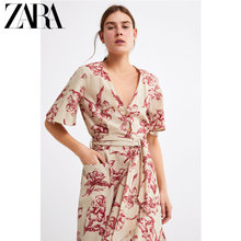ZARA 新款 女装 时尚复古花卉印花系带收腰连衣裙 02171411052