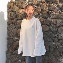 2019新款 宽松港风中长款 t恤女打底衫 显瘦上衣 春装 韩版 白色长袖