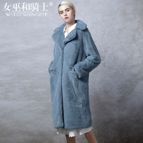 2018秋冬新款名媛皮草外套女蓝色中长款修身显瘦大衣皮毛一体女装商品大图