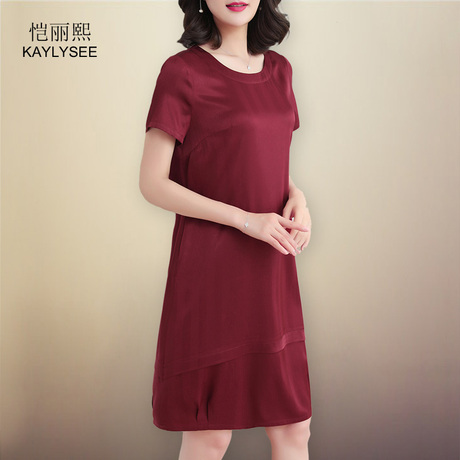 真丝连衣裙女2018新夏加肥加大码宽松胖mm中老年桑蚕丝妈妈装纯色商品大图