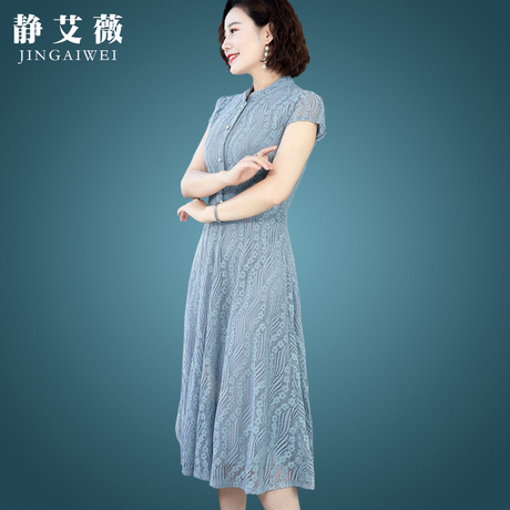 妈妈过膝蕾丝连衣裙夏短袖修身四十岁女人35岁45新款韩版中年女装商品大图