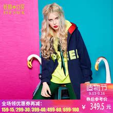 妖精的口袋拼装时刻 冬装字母刺绣撞色连帽毛呢外套女长款大衣图片