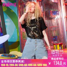妖精的口袋旗舰店直筒裤春装2018新宽松破洞毛边高腰牛仔短裤女夏图片