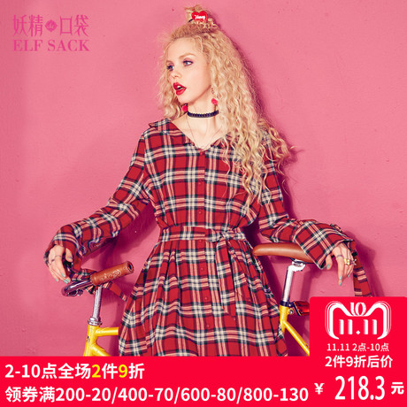 妖精的口袋摩纳哥会馆 秋装V领腰带复古格纹衬衫裙收腰连衣裙商品大图