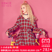 妖精的口袋摩纳哥会馆 秋装V领腰带复古格纹衬衫裙收腰连衣裙图片