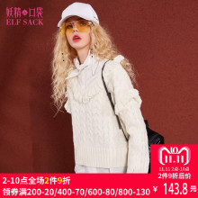 妖精的口袋旗舰店罗马心情 秋装新款拼接荷叶边V领毛衣女短款图片
