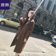 唐狮旗舰店2018冬装新款毛呢外套女翻领双排扣长款呢大衣显瘦图片