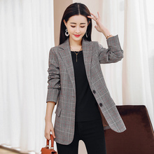 格子小西装女外套韩版2018新款春装女装长袖中长款修身西服女休闲图片