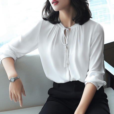 2018秋季新款韩版女装休闲中长款衬衣长袖打底白衬衫女上衣雪纺衫商品大图