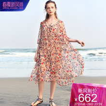 dfvc2019夏季新款真丝连衣裙女中长款V领印花桑蚕丝碎花雪纺裙子图片
