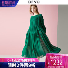 dfvc2019春装新款圆领真丝连衣裙女宽松长款拼接桑蚕丝a字裙套头图片