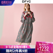 dfvc2019春季新款欧货印花拼接真丝连衣裙女宽松黑白格子中长裙子图片