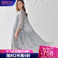 dfvc2019夏季新款桑蚕丝刺绣连衣裙女中长款压褶显瘦大裙摆真丝裙图片
