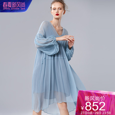 dfvc2019夏季新款女重磅真丝连衣裙中长款灯笼袖V领高腰大摆宽松商品大图