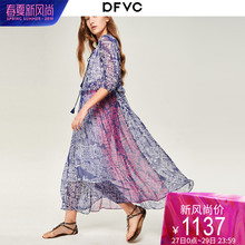 dfvc2019春夏新款复古印花真丝连衣裙女七分袖拼接桑蚕丝长款裙子图片