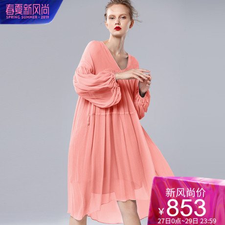 dfvc粉色宽松v领真丝连衣裙女2019夏季新款长款灯笼袖桑蚕丝裙子商品大图