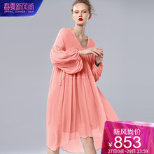 dfvc粉色宽松v领真丝连衣裙女2019夏季新款长款灯笼袖桑蚕丝裙子图片
