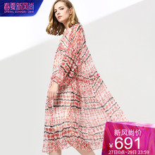 dfvc2019夏新款时尚真丝印花连衣裙灯笼袖压褶显瘦a字裙飘逸裙摆图片