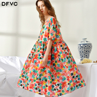 dfvc2018春季新款女夏波点印花超仙苎麻连衣裙中长款宽松大码裙子