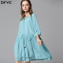 dfvc2019夏季新款女重磅真丝连衣裙中长款桑蚕丝蓝色娃娃款a字裙图片