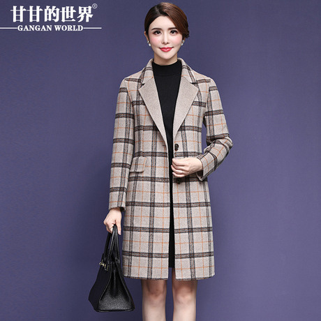 甘甘的世界2018秋冬新款毛呢外套修身显瘦中长款双面呢格子大衣女商品大图