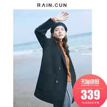 然与纯2018秋冬黑色毛呢大衣女中长款双排扣休闲百搭学生呢子外套图片