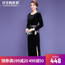 【金丝绒】甘甘的世界2018秋冬新款长袖开叉丝绒连衣裙中年妈妈装图片