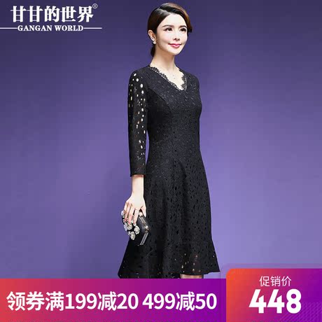 【睫毛蕾丝】甘甘的世界2018秋冬新款鱼尾摆连衣裙女修身显瘦中年商品大图