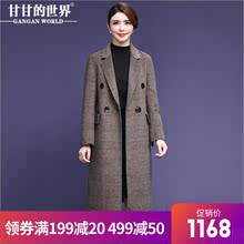 【全羊毛】甘甘的世界2018秋冬新款西装翻领格纹双面呢大衣中长女图片