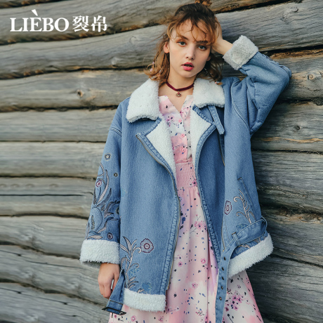 裂帛牛仔短外套女2018冬季新款刺绣棉服百搭文艺风加绒翻领棉衣厚商品大图