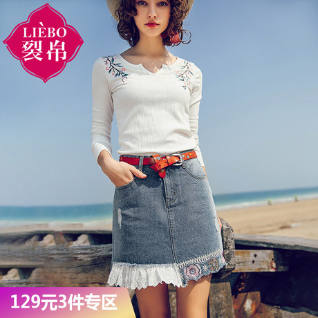 裂帛2018夏装新款文艺街头刺绣拼接磨白水洗牛仔半身裙女51172725商品大图