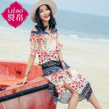 裂帛2018夏装新款浪漫民族V领印花雪纺露肩中袖连衣裙女51172838图片