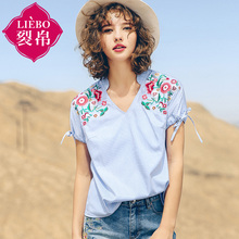 裂帛2018夏新款V领刺绣抽绳短袖套头上衣时尚条纹衬衫女51172166图片