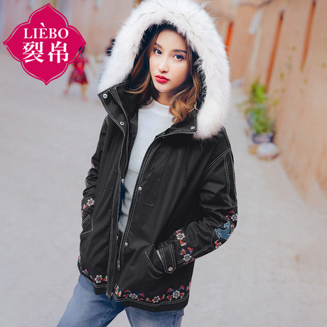 裂帛旗舰店2018冬新款真毛领连帽外套刺绣休闲版白鸭绒羽绒服女商品大图