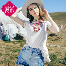 裂帛旗舰店2018夏新款圆领刺绣短袖针织套头上衣宽松百搭T恤女图片