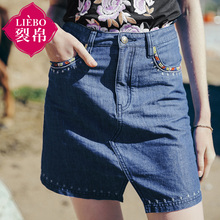 裂帛2018夏装新款刺绣前开叉中腰裙斜插袋显瘦牛仔短裙女51171948图片