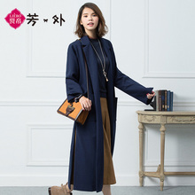 芳外大码女装秋冬新款翻驳领长款个性开叉毛呢大衣64170170图片