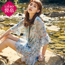 裂帛旗舰店2018夏装新款花边立领飘带雪纺裙印花中袖连衣裙女图片