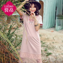裂帛旗舰店2018夏新款V领蕾丝拼接针织裙刺绣短袖显瘦连衣裙女图片